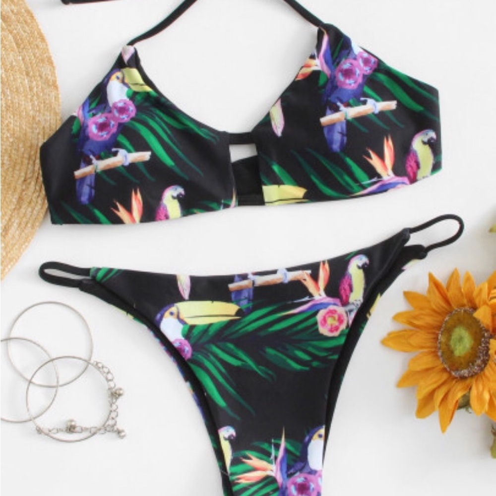 Tropical Print Black Bikini Set